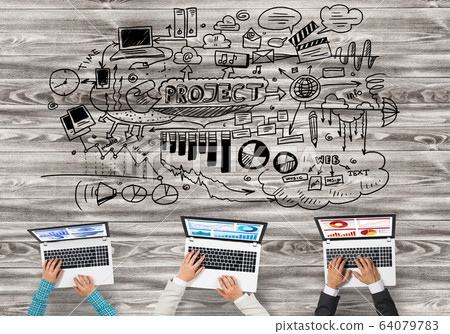 Top view of businesspeople sitting at table and using gadgets Top view of businesspeople sitting at table and using gadgets 64079783