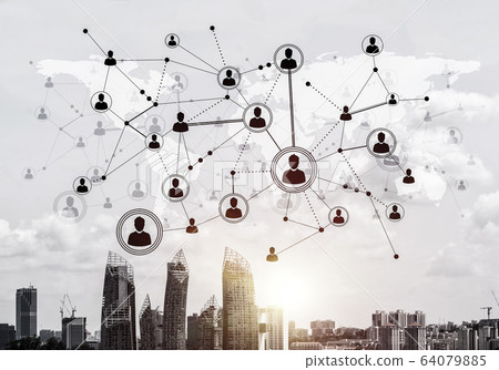 Modern city and social net as concept for global networking Modern city and social net as concept for global networking 64079885