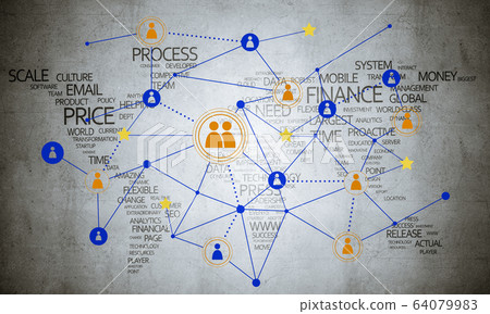 Lines and dots as networking idea drawn on cement background 64079983