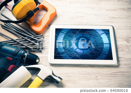 Web security and technology concept with tablet pc on wooden tab Web security and technology concept with tablet pc on wooden tab 64080018