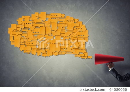 Hand of businesswoman holding red paper trumpet and speech cloud Hand of businesswoman holding red paper trumpet and speech cloud 64080066