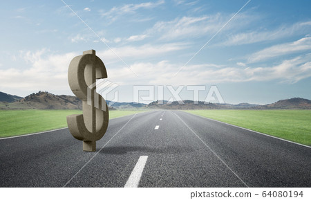 Money making and wealth concept presented by stone dollar symbol on asphalt road Money making and wealth concept presented by stone dollar symbol on asphalt road 64080194