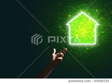 Conceptual image with hand pointing at house or main page icon on dark background Conceptual image with hand pointing at house or main page icon on dark background 64080195