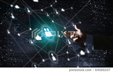 Creating modern wireless technologies as means of communucation and networking on dark background Creating modern wireless technologies as means of communucation and networking on dark background 64080207