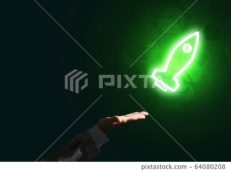 Man palm presenting Rocket web icon as technology concept Man palm presenting Rocket web icon as technology concept 64080208