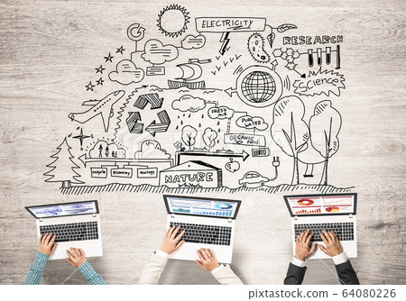 Top view of businesspeople sitting at table and using gadgets Top view of businesspeople sitting at table and using gadgets 64080226