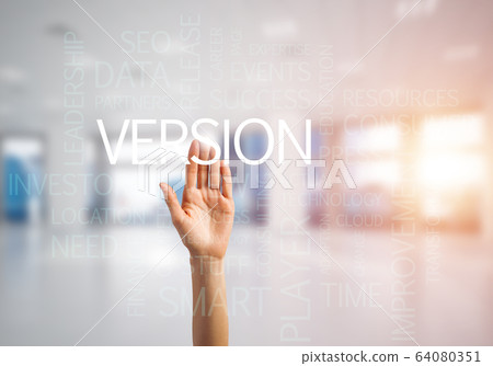 Concept of modern business with palm choocing on of keywords for success 64080351