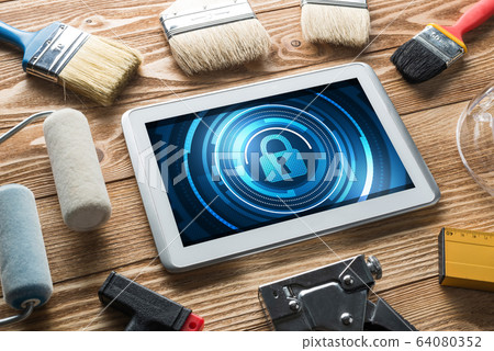 Web security and technology concept with tablet pc on wooden table 64080352