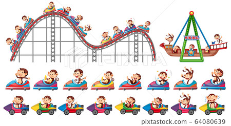 Set of monkeys riding on different rides in the 64080639