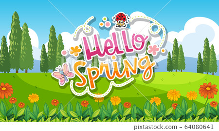 Nature scene background with hello spring sign in 64080641