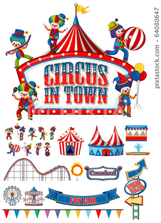 Large set of circus clowns and rides on white - Stock Illustration ...
