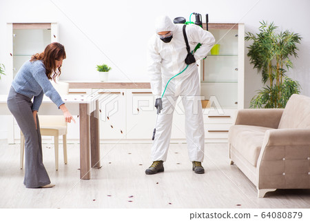 Young male contractor and female client during pest control Young male contractor and female client during pest control 64080879