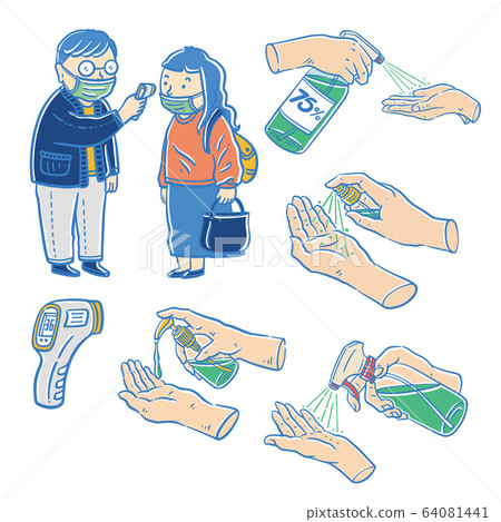 消毒清潔,量體溫,矢量插圖 消毒清潔,量體溫,矢量插圖 64081441