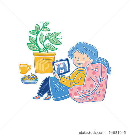 Woman using mobile phone tablet at home, character vector Illustration 64081445