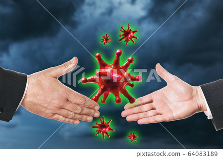 People shake hands on a background of a stormy sky. Shaking hands with a coronavirus infection concept 64083189