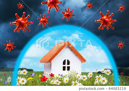 Toy house in a clearing with flowers and the impending virus COVID-19. Home Quarantine and Pandemic Protection Concept Toy house in a clearing with flowers and the impending virus COVID-19. Home Quarantine and Pandemic Protection Concept 64083219