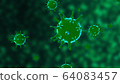Viruses, Virus Cells under microscope, floating in fluid with green background. Pathogens outbreak of bacterium and virus, disease causing microorganisms. COVID-19 Coronavirus. 64083457