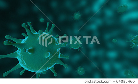 Viruses, Virus Cells under microscope, floating in fluid with green background. Pathogens outbreak of bacterium and virus, disease causing microorganisms. COVID-19 Coronavirus. 64083460