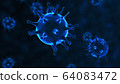 Viruses, Virus Cells under microscope, floating in fluid with blue background. Pathogens outbreak of bacterium and virus, disease causing microorganisms. COVID-19 Coronavirus. 64083472