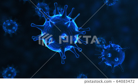 Viruses, Virus Cells under microscope, floating in fluid with blue background. Pathogens outbreak of bacterium and virus, disease causing microorganisms. COVID-19 Coronavirus. 64083472