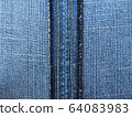 close up shot inside of jean seam. Blue jean skirt on the background showing the seam texture. 64083983