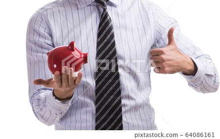 Young businessman with piggybank isolated on white background 64086161