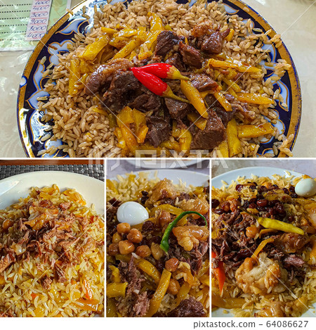 Collage of different shots traditional uzbek dish - pilaf - rice with meat and vegetables, mobile photography 64086627