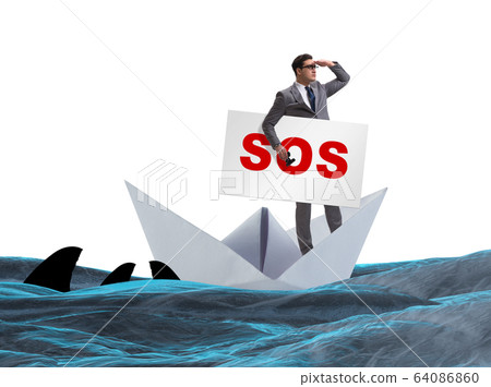 Businessman asking for help with SOS message on boat Businessman asking for help with SOS message on boat 64086860