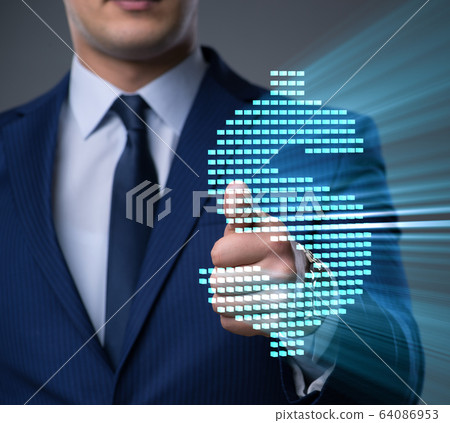 Businessman pressing virtual button with dollar Businessman pressing virtual button with dollar 64086953