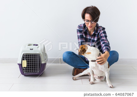 Pets owner concept - Attractive cheerful female in plaid shirt playing with her favourite pet. Happy woman with her jack russell terrier Pets owner concept - Attractive cheerful female in plaid shirt playing with her favourite pet. Happy woman with her jack russell terrier 64087067
