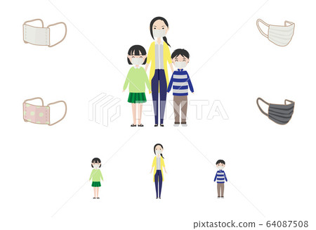 一個有母親和孩子戴著口罩的核心家庭 64087508