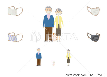 戴著口罩的老年家庭的核心家庭 64087509