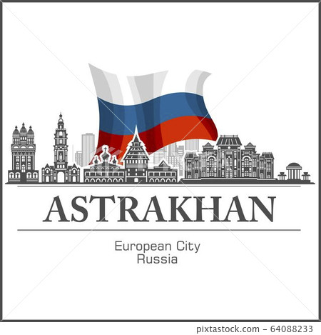 Astrakhan - Russian City skyline black and white silhouette. Vector illustration. 64088233