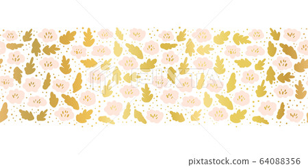 Seamless vector border pink and metallic gold foil flowers. Shiny golden pale pink on white floral 64088356