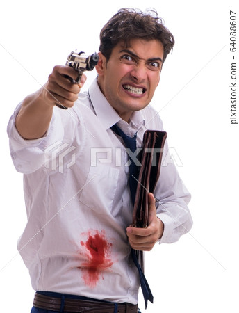 Businessman wounded in gun fight isolated on white 64088607
