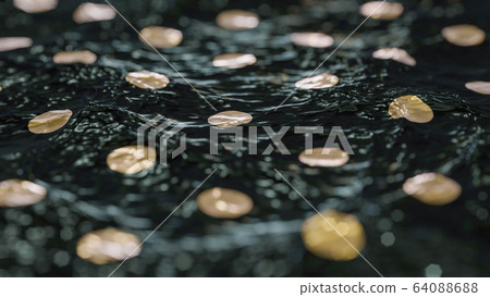 Golden circles on dark wavy background with strong bokeh effect - 3D rendering Golden circles on dark wavy background with strong bokeh effect - 3D rendering 64088688