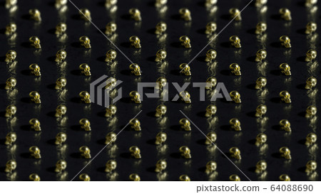 Golden skulls on dark background with strong bokeh effect - 3D rendering Golden skulls on dark background with strong bokeh effect - 3D rendering 64088690