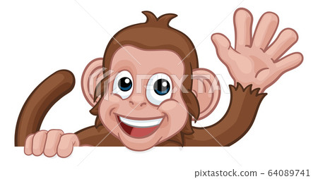 Monkey Cartoon Animal Behind Sign Waving Monkey Cartoon Animal Behind Sign Waving 64089741