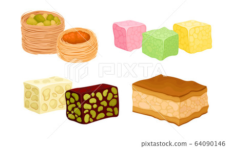 Oriental Sweets and Turkish Delights with Baklava and Rahat Lakoum Vector Set 64090146