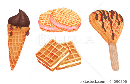 Waffle or Wafer Desserts with Ice Cream and Gaufre Sticking Together Vector Set 64090206