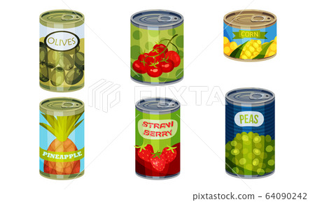 Canned Goods or Food with Pineapple and Olives Vector Set 64090242