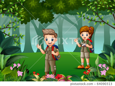 Scout boy and girl in uniform exploring the forest - Stock Illustration ...