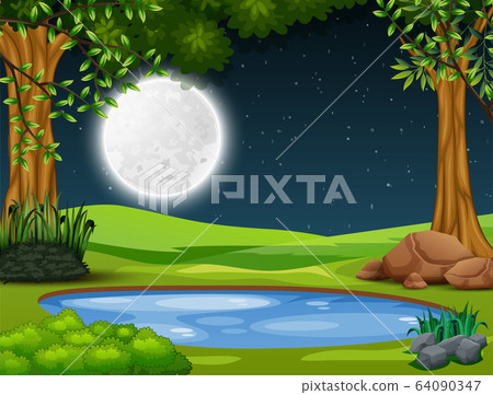 Small Pond In The Middle Of The Forest At Night Stock Illustration