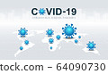 Coronavirus COVID-19. Coronavirus disease Pandemic on map. COVID-19 Virus background. Virus attack on earth. Vector Illustration. 64090730