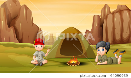 The scout kids camping out at nature - Stock Illustration [64090989 ...
