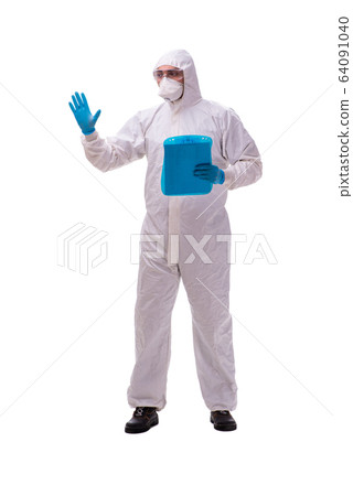 Young male contractor disinfecting in coronavirus concept 64091040