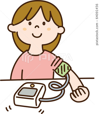 一個女人用血壓計測量血壓的插圖 一個女人用血壓計測量血壓的插圖 64091456