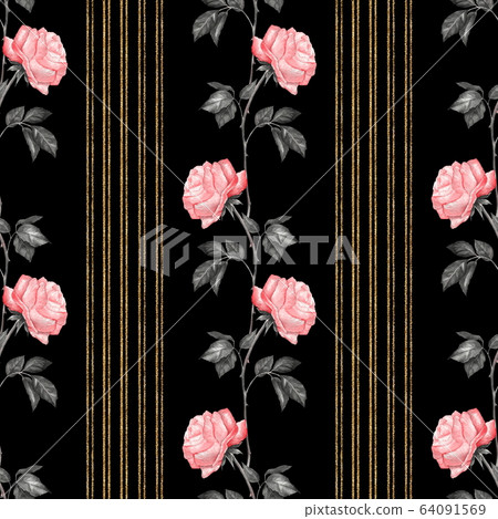 Seamless floral pattern of pink roses on black background Seamless floral pattern of pink roses on black background 64091569