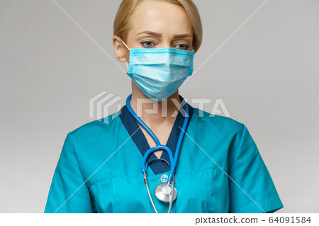 medical doctor nurse woman with stethoscope wearing protective mask and rubber or latex gloves medical doctor nurse woman with stethoscope wearing protective mask and rubber or latex gloves 64091584
