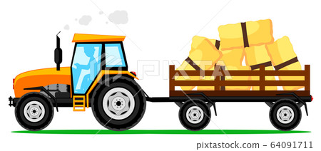 Tractor with a trailer of hay on white background. 64091711